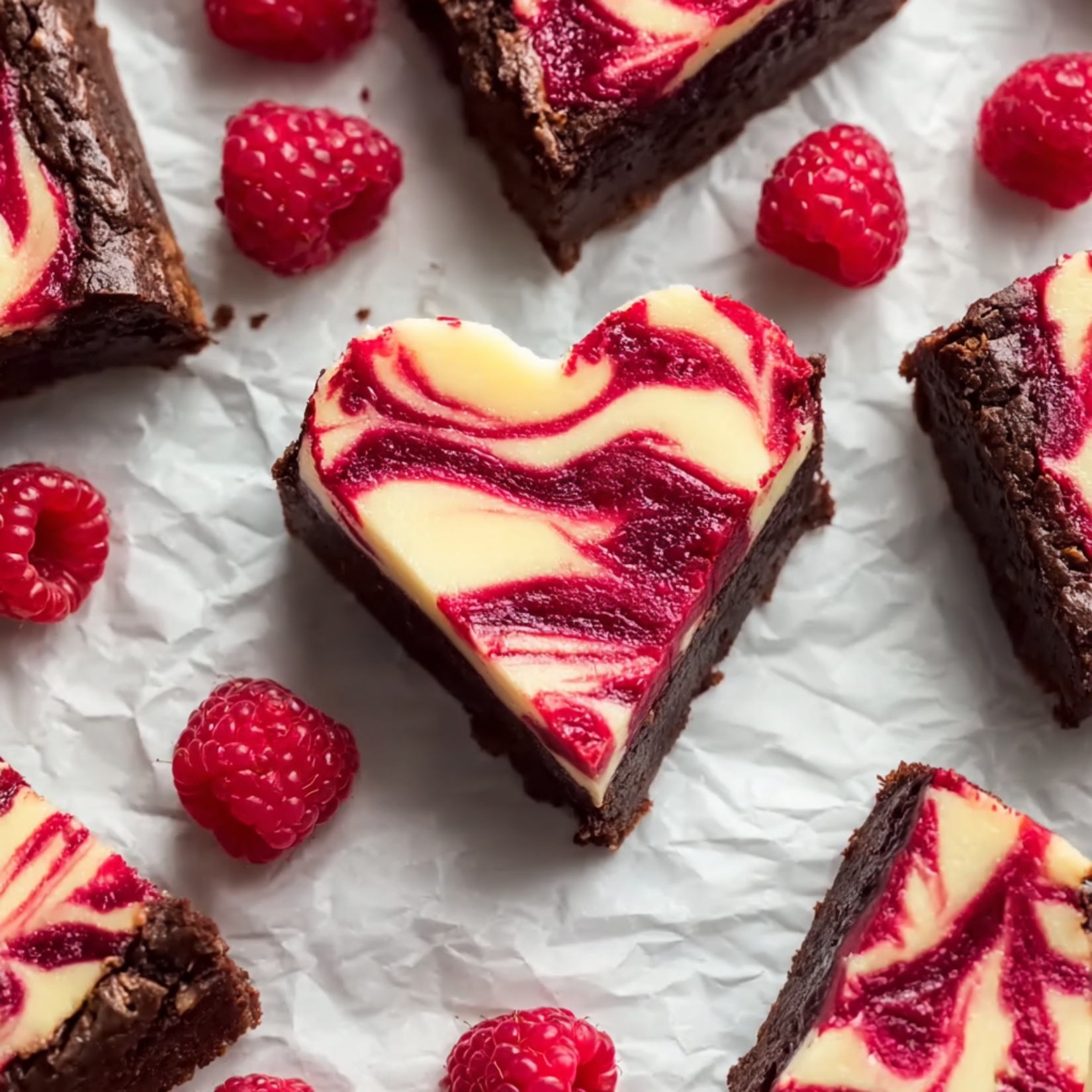 Heart Shaped Brownies arranged on white parchment paper with fresh raspberries, featuring fudgy chocolate brownie base with swirled cream cheese and raspberry topping in a marbled pattern, cut into heart shapes perfect for Valentine's Day