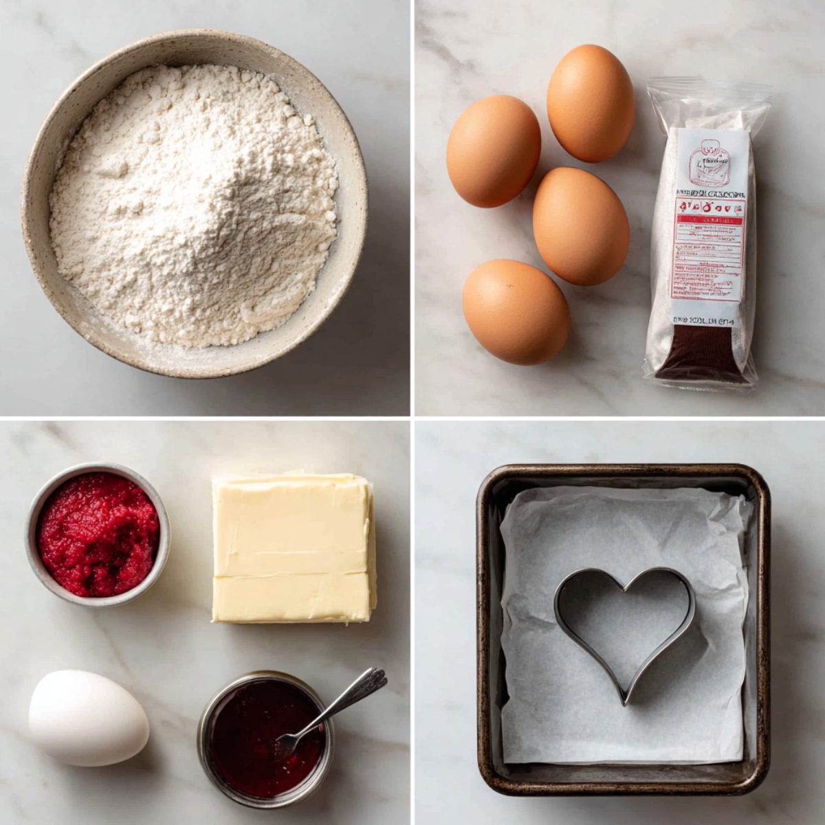 Ingredients for Heart Shaped Brownies arranged in a 4-panel flat lay on a white marble kitchen counter.