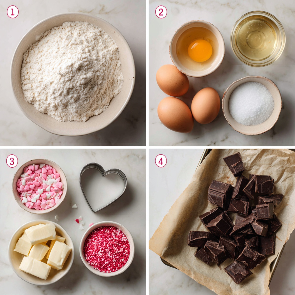 Ingredients for Heart Shaped Chocolate Chip Cookies arranged in a 4-panel flat lay on a white marble kitchen counter.