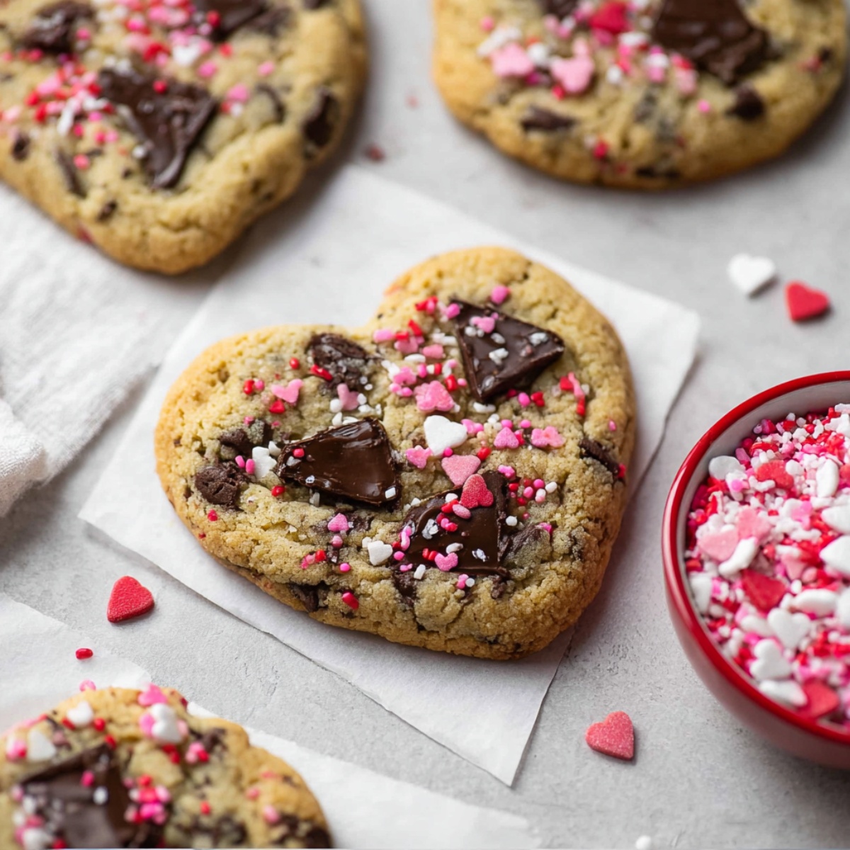 Overhead styled photo of heart-shaped chocolate chunk cookies on a light gray surface. The center cookie sits on a piece of parchment paper and is topped with melted dark chocolate chunks and a mix of pink, red, and white heart-shaped sprinkles. A red bowl filled with Valentine's sprinkles is positioned to the right, with scattered individual heart sprinkles around the surface. Additional cookies are visible in the background and corners of the frame, with a white linen napkin tucked beneath.