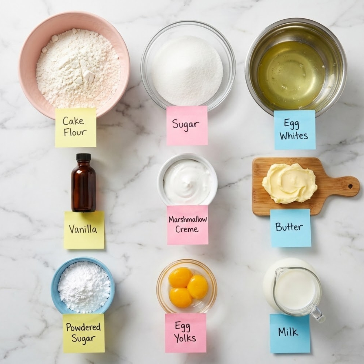 Overhead view of Twinkie ingredients including flour, sugar, eggs, marshmallow creme, and vanilla organized in bowls with sticky note labels on a marble counter.