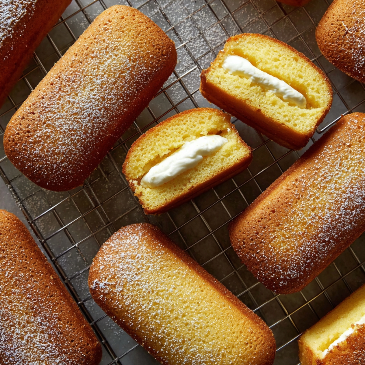 Homemade Twinkies arranged on wire cooling rack, featuring golden oval-shaped sponge cakes dusted with powdered sugar, two cut in half to display piped white cream filling through the center of tender yellow cake
