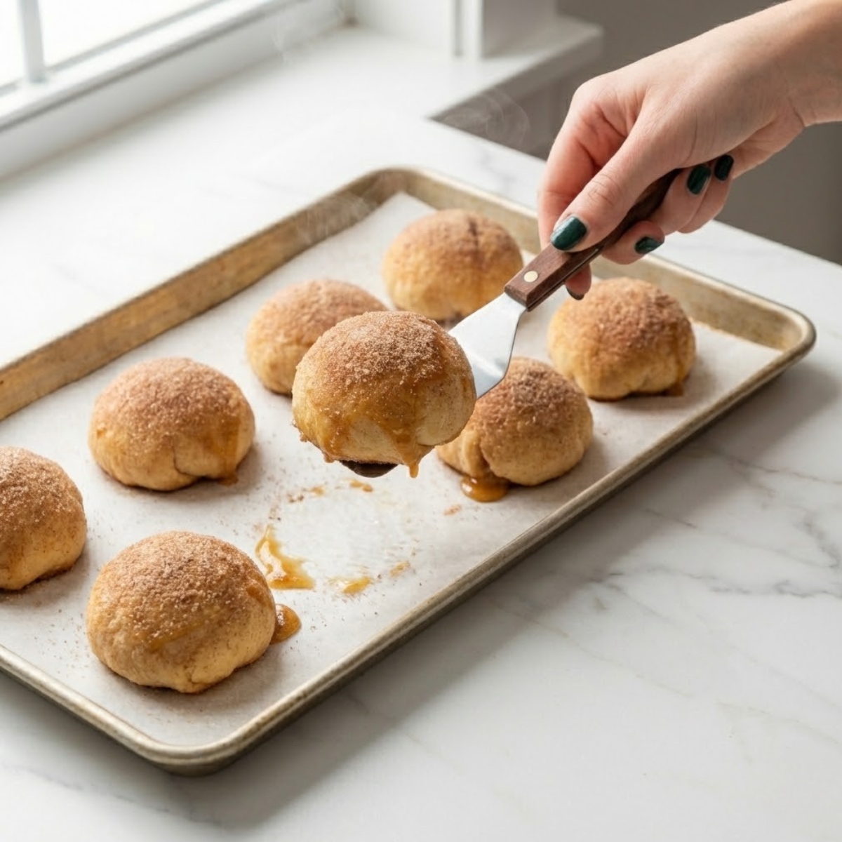 Close-up of a hand lifting a hot, golden-brown Caramel Apple Pie Bomb with caramel drizzling from it.