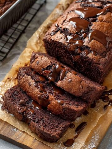 Hot fudge brownie bread loaf sliced on parchment paper, showing rich dark chocolate crumb studded with chocolate chips, topped with warm chocolate fudge sauce drizzle, on a wooden cutting board with cooling rack in background