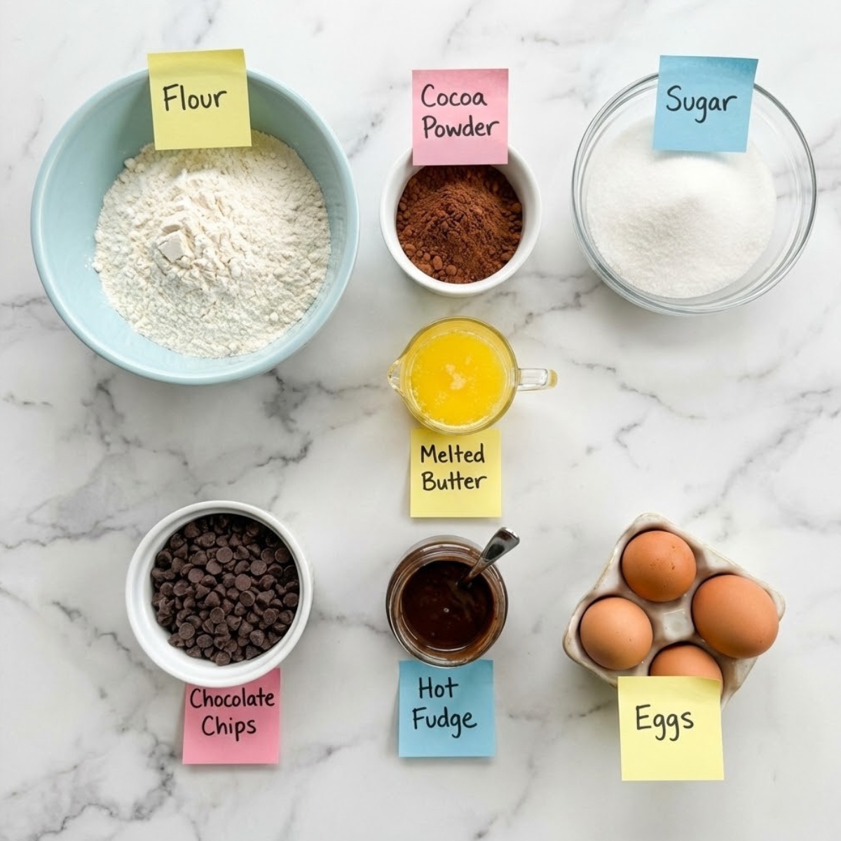 Overhead view of brownie bread ingredients including flour, cocoa, sugar, and hot fudge organized in bowls with sticky note labels on a marble counter.