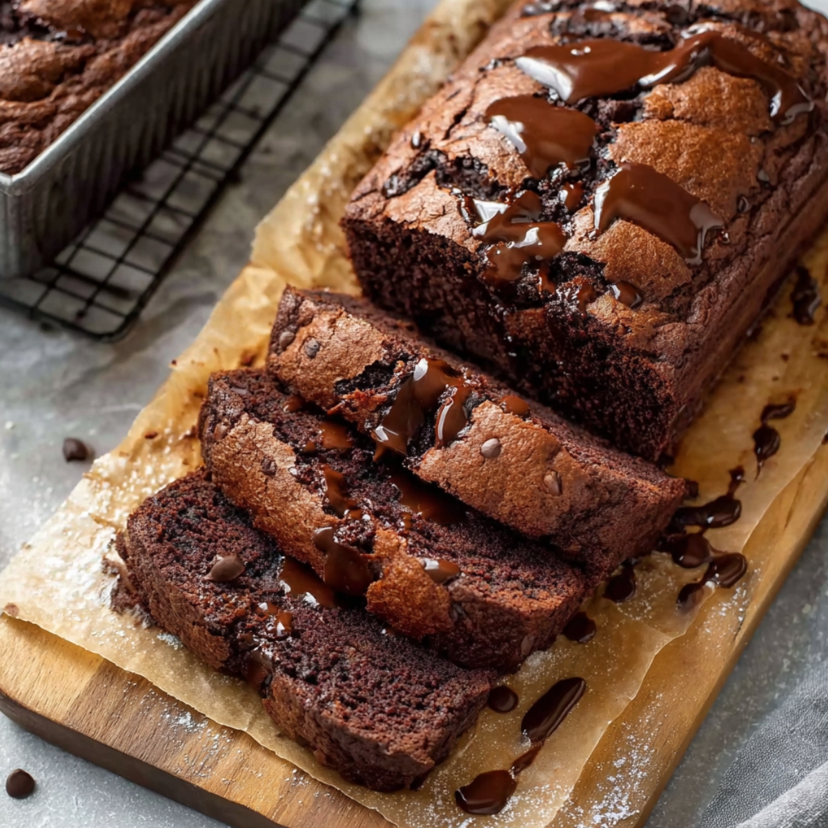 Hot fudge brownie bread loaf sliced on parchment paper, showing rich dark chocolate crumb studded with chocolate chips, topped with warm chocolate fudge sauce drizzle, on a wooden cutting board with cooling rack in background