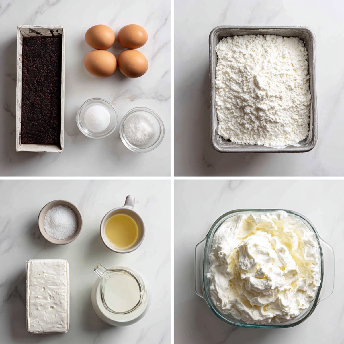 Ingredients for Italian Love Cake arranged in a 4-panel flat lay on a white marble kitchen counter.