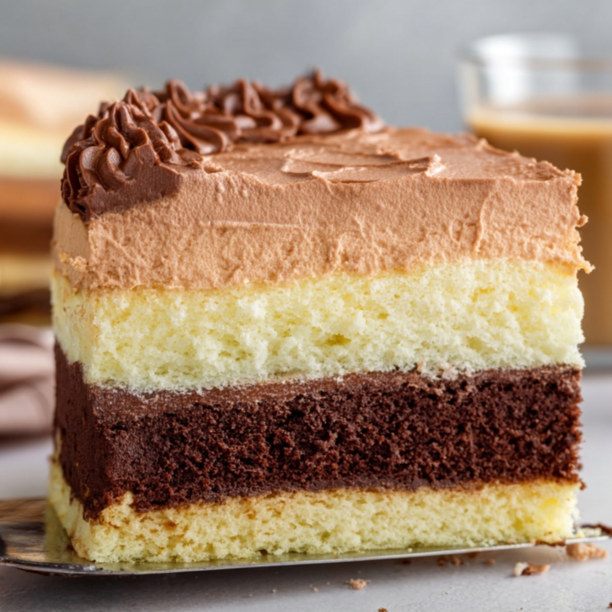 A close-up, side-profile shot of a square slice of Italian Love Cake being held on a metal cake server. The slice displays four distinct, horizontal layers: a thin vanilla sponge base, a thick dark chocolate cake layer, a thick pale-yellow ricotta cheese layer, and a top layer of light brown chocolate mousse. The top is finished with smooth frosting and a decorative piped border of dark chocolate buttercream swirls. The background is softly blurred, showing a hint of a beverage and neutral tones.