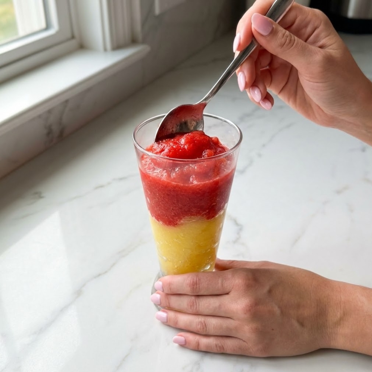Close-up of hands spooning red strawberry slush over a yellow pineapple slush layer in a tall glass.