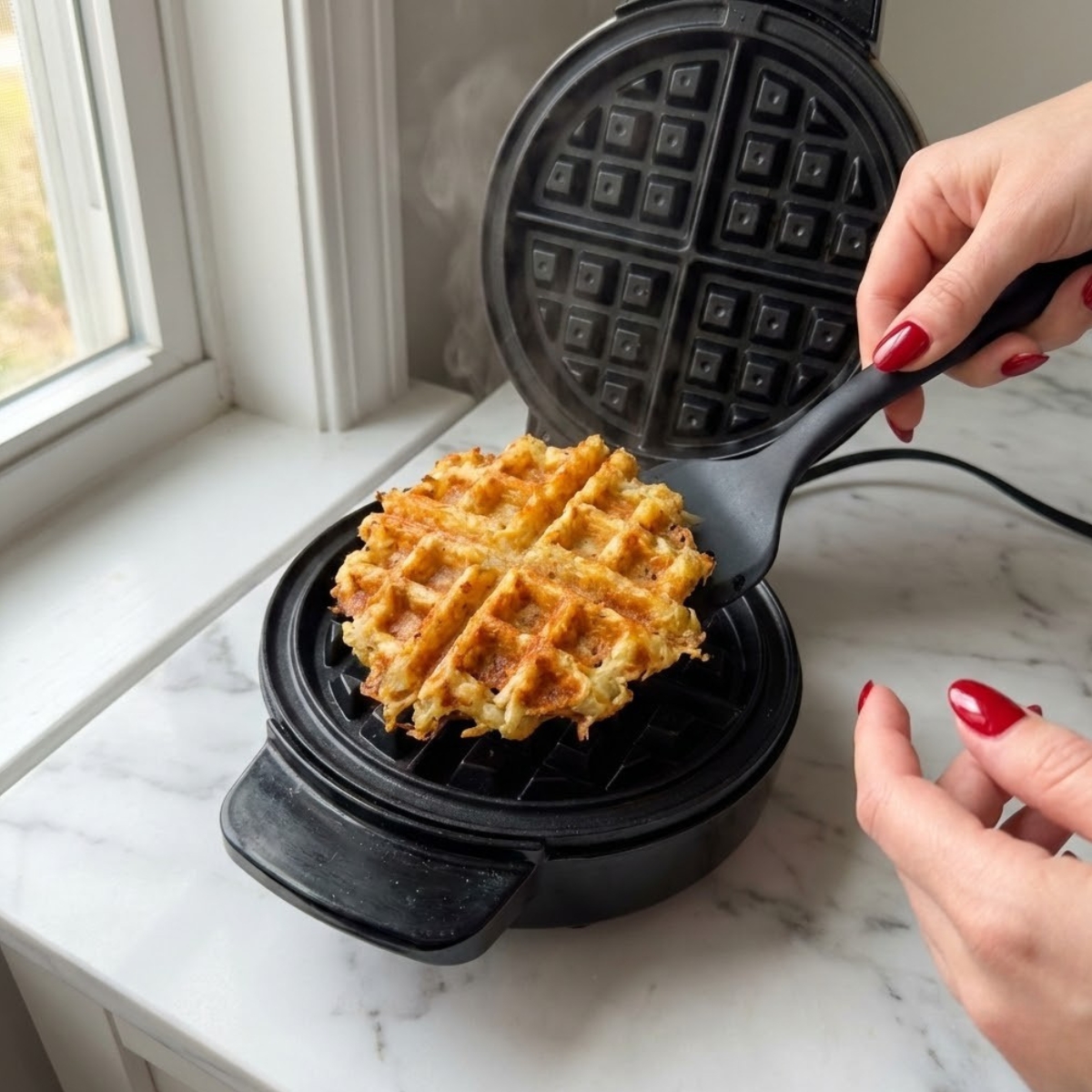Close-up of hands with red nails using a spatula to remove a golden, crispy hashbrown waffle from a hot waffle iron.