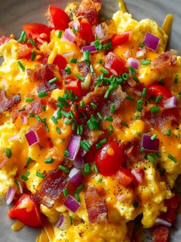 Loaded scrambled eggs on gray plate topped with melted cheddar cheese, crispy bacon, cherry tomatoes, diced purple onions, and fresh chives, sprinkled with black pepper
