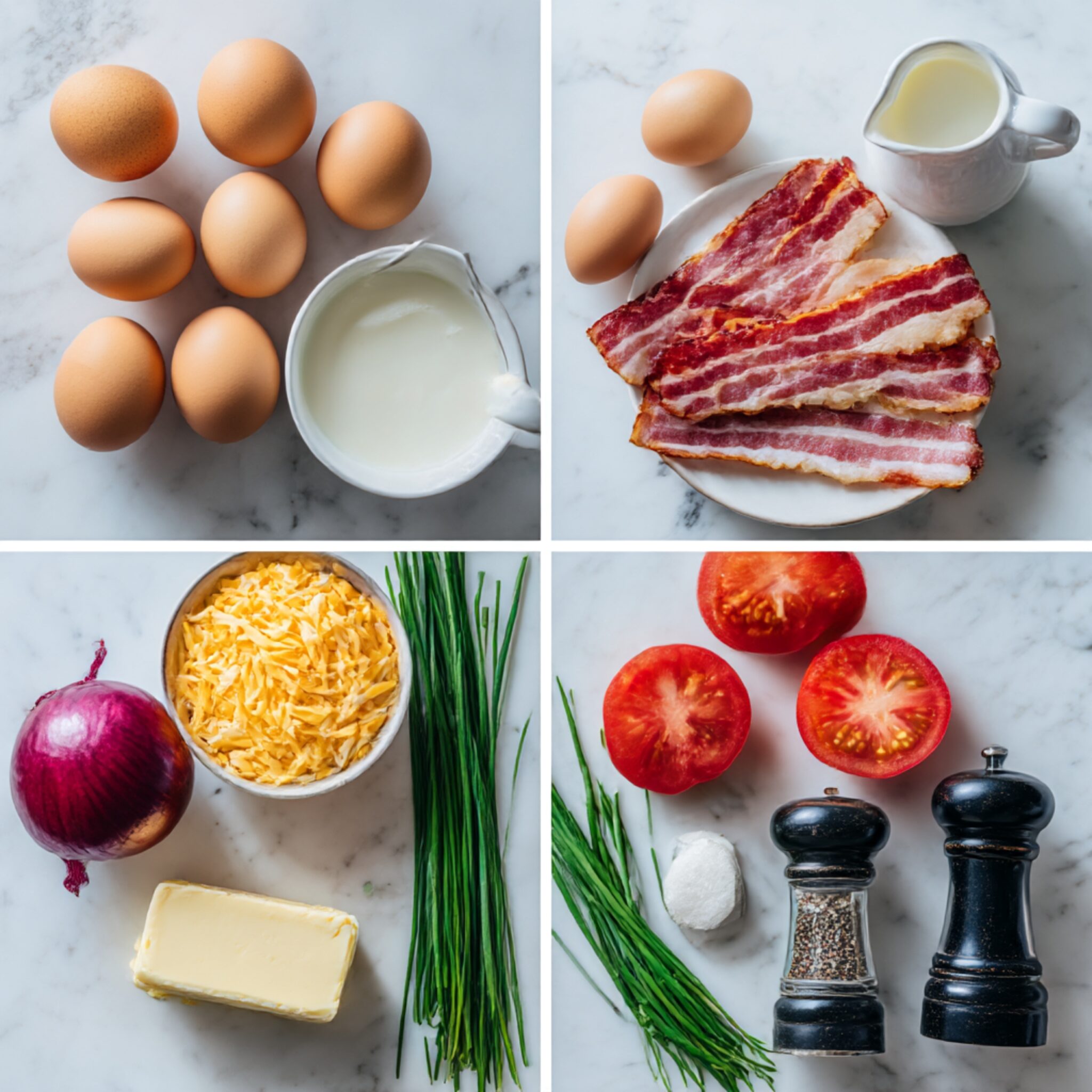 Ingredients for Loaded Scrambled Eggs arranged in a 4-panel flat lay on a white marble kitchen counter.