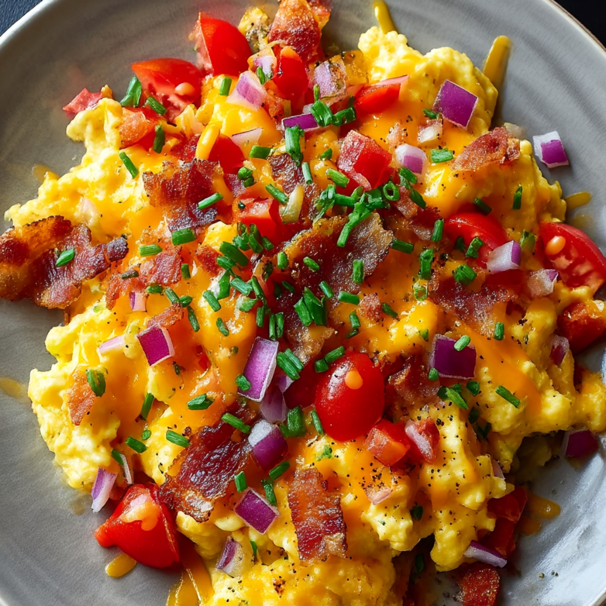Loaded scrambled eggs on gray plate topped with melted cheddar cheese, crispy bacon, cherry tomatoes, diced purple onions, and fresh chives, sprinkled with black pepper