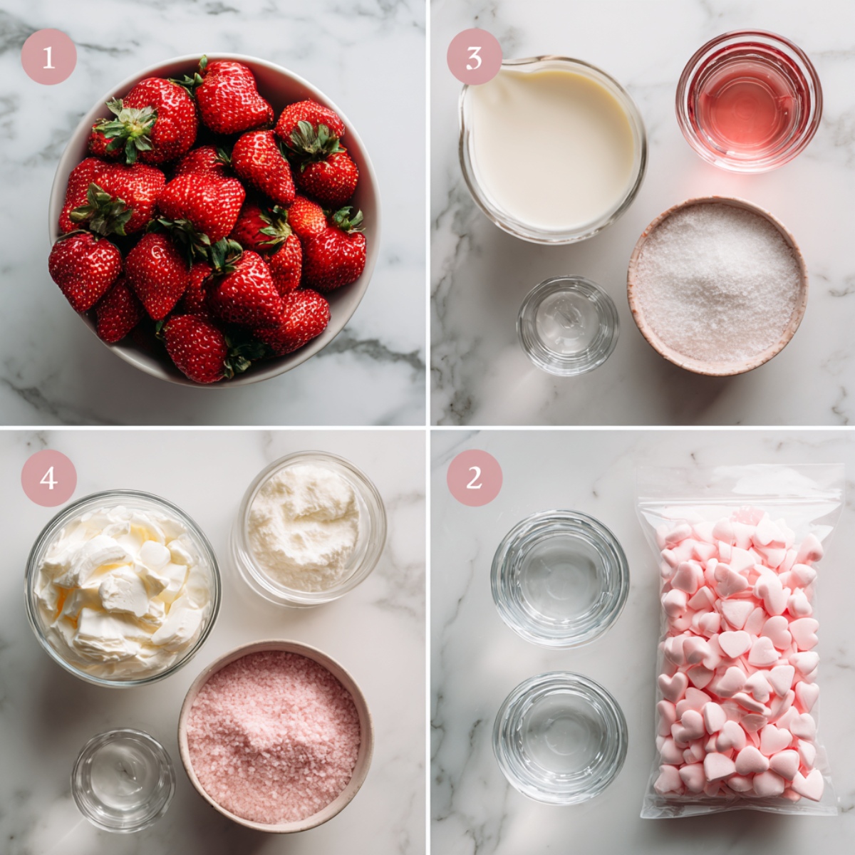 Ingredients for Love Potion Shots arranged in a 4-panel flat lay on a white marble kitchen counter.