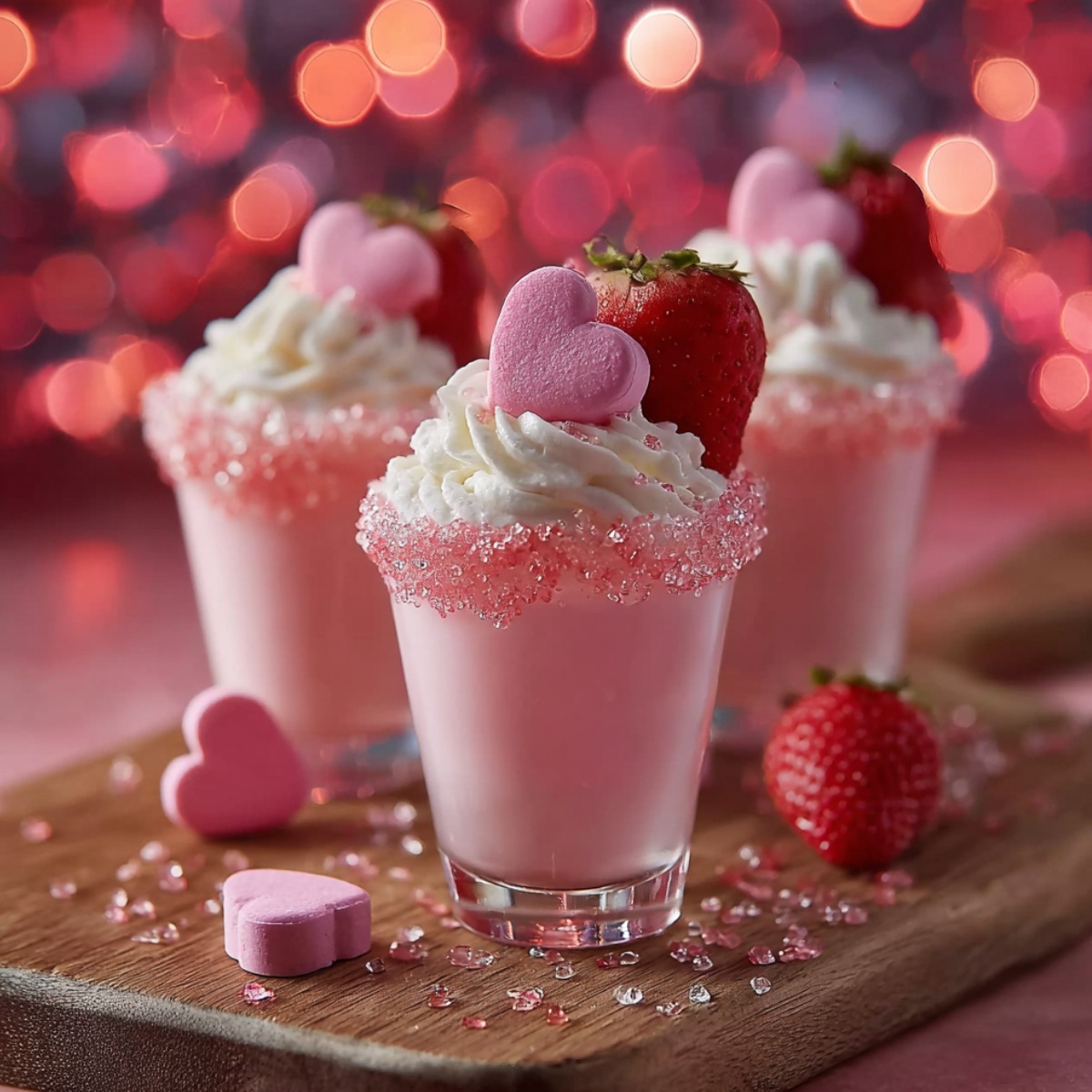 Valentine's Day Love Potion Shot in a short glass on a wooden board, filled with a pale pink creamy cocktail. The rim is coated with sparkling pink sugar crystals, and the drink is topped with swirled white whipped cream, a pink frosted heart-shaped candy, and a fresh red strawberry. The foreground shows scattered pink and clear crystal sugar on the wooden surface, along with a purple conversation heart candy and a fresh strawberry. Two more identical shots are softly blurred in the background, with a romantic bokeh backdrop featuring pink, coral, and cream-colored out-of-focus lights.