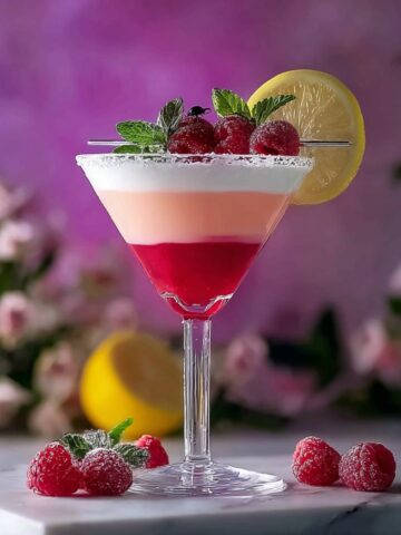 Valentine's Day Lovebug Cocktail in a crystal-cut coupe glass with three beautiful gradient layers: deep raspberry red at the bottom, pale pink in the middle, and white creamy foam on top with a sugar-frosted rim. The cocktail is garnished with three fresh raspberries dusted with powdered sugar, fresh mint leaves, a decorative ladybug, and a lemon wheel, all arranged on a cocktail pick. The drink sits on a white marble surface with additional sugared raspberries and mint scattered around the base. A whole lemon is positioned behind the glass, with soft-focus pink flowers on both sides. The background features a dreamy purple-to-pink gradient bokeh with darker purple tones at the edges.