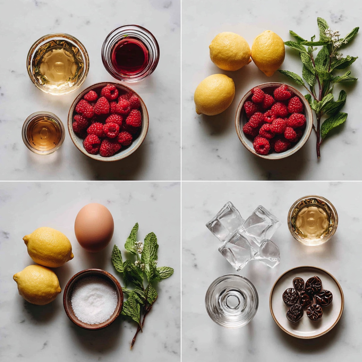 Ingredients for Lovebug Cocktail arranged in a 4-panel flat lay on a white marble kitchen counter.
