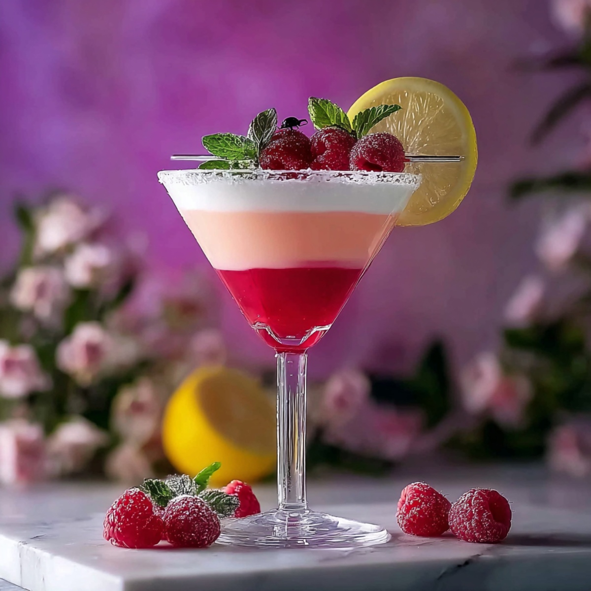 Valentine's Day Lovebug Cocktail in a crystal-cut coupe glass with three beautiful gradient layers: deep raspberry red at the bottom, pale pink in the middle, and white creamy foam on top with a sugar-frosted rim. The cocktail is garnished with three fresh raspberries dusted with powdered sugar, fresh mint leaves, a decorative ladybug, and a lemon wheel, all arranged on a cocktail pick. The drink sits on a white marble surface with additional sugared raspberries and mint scattered around the base. A whole lemon is positioned behind the glass, with soft-focus pink flowers on both sides. The background features a dreamy purple-to-pink gradient bokeh with darker purple tones at the edges.