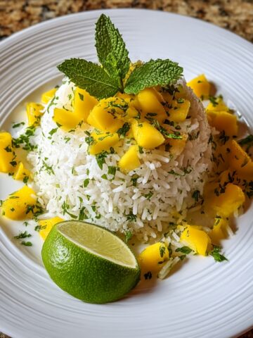 Molded white rice on white ridged plate topped with diced fresh mango, chopped mint, and fresh mint sprig garnish, surrounded by mango pieces, with lime wedge on the side, on granite countertop