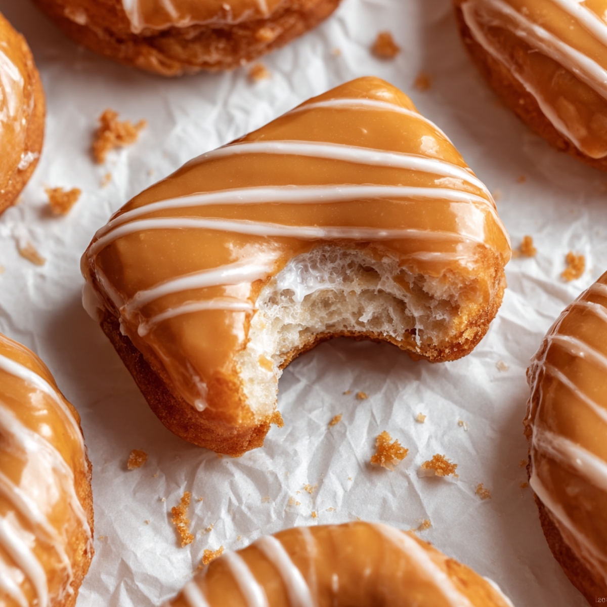 Maple donut bar with a bite taken out, showing fluffy interior texture, glazed with caramel-colored maple icing and drizzled with white icing stripes, arranged on white parchment paper with other donuts
