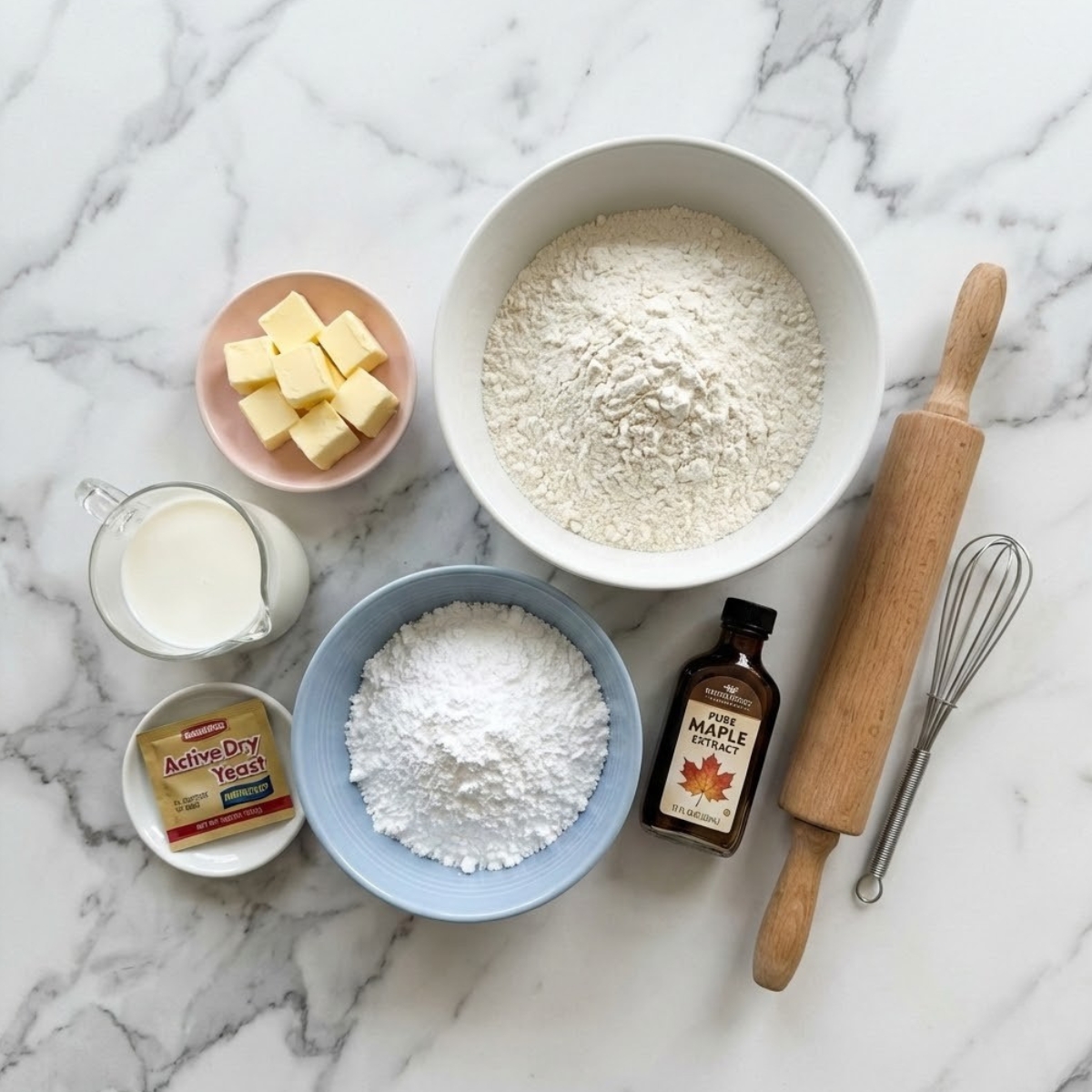 A flat lay photo of the ingredients for maple donut bars, including flour, milk, yeast, butter, and maple extract, on a wooden board.