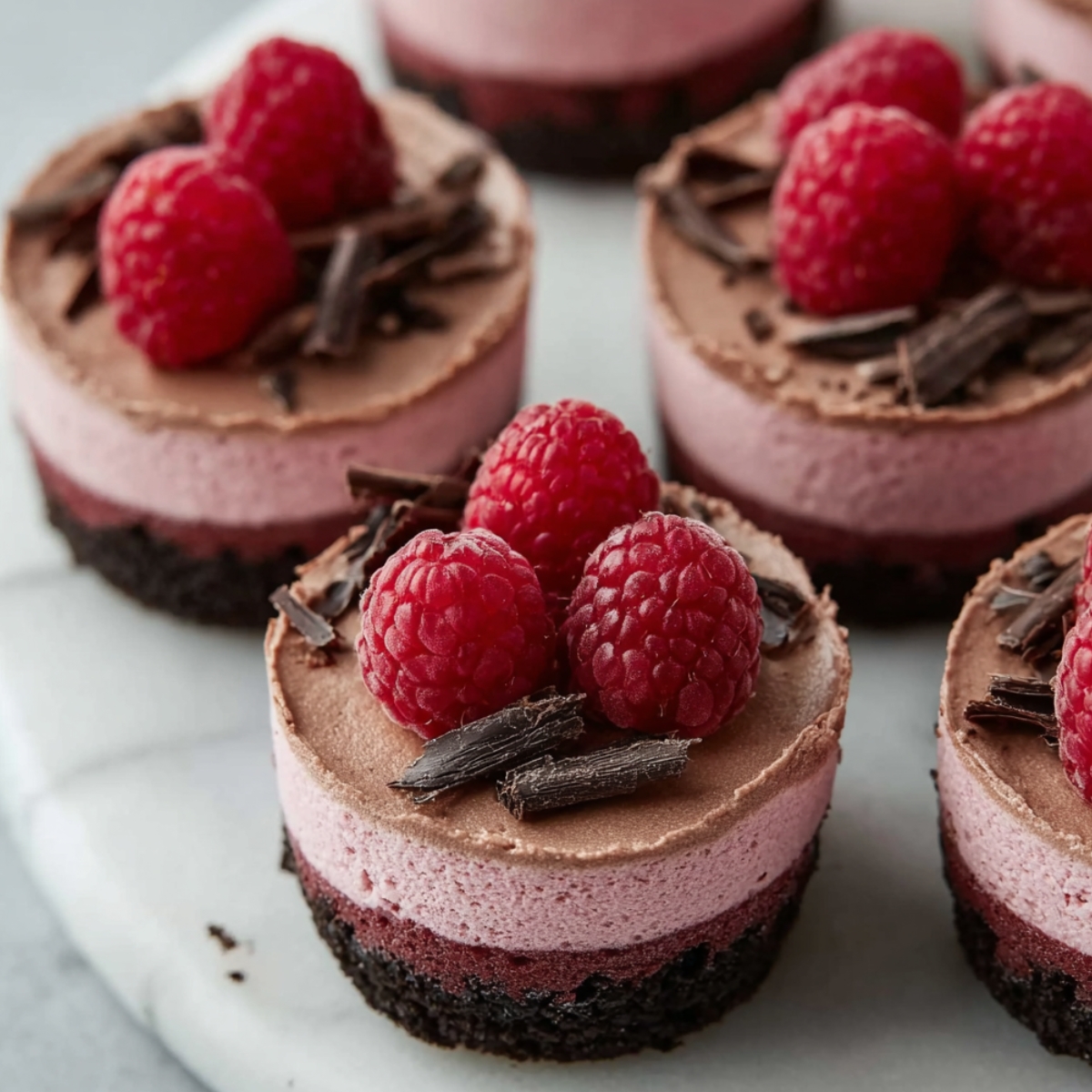 Close-up of no-bake raspberry chocolate mousse cups featuring dark Oreo cookie crust, ombre pink to chocolate layered mousse, topped with fresh raspberries and dark chocolate curls on white marble"