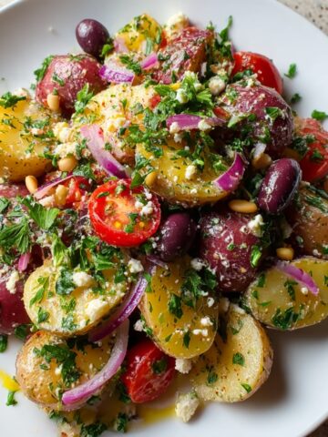 Mediterranean potato salad on white plate with halved red and yellow potatoes, cherry tomatoes, Kalamata olives, white beans, sliced red onion, crumbled feta cheese, and fresh parsley, dressed with olive oil vinaigrette on speckled surface