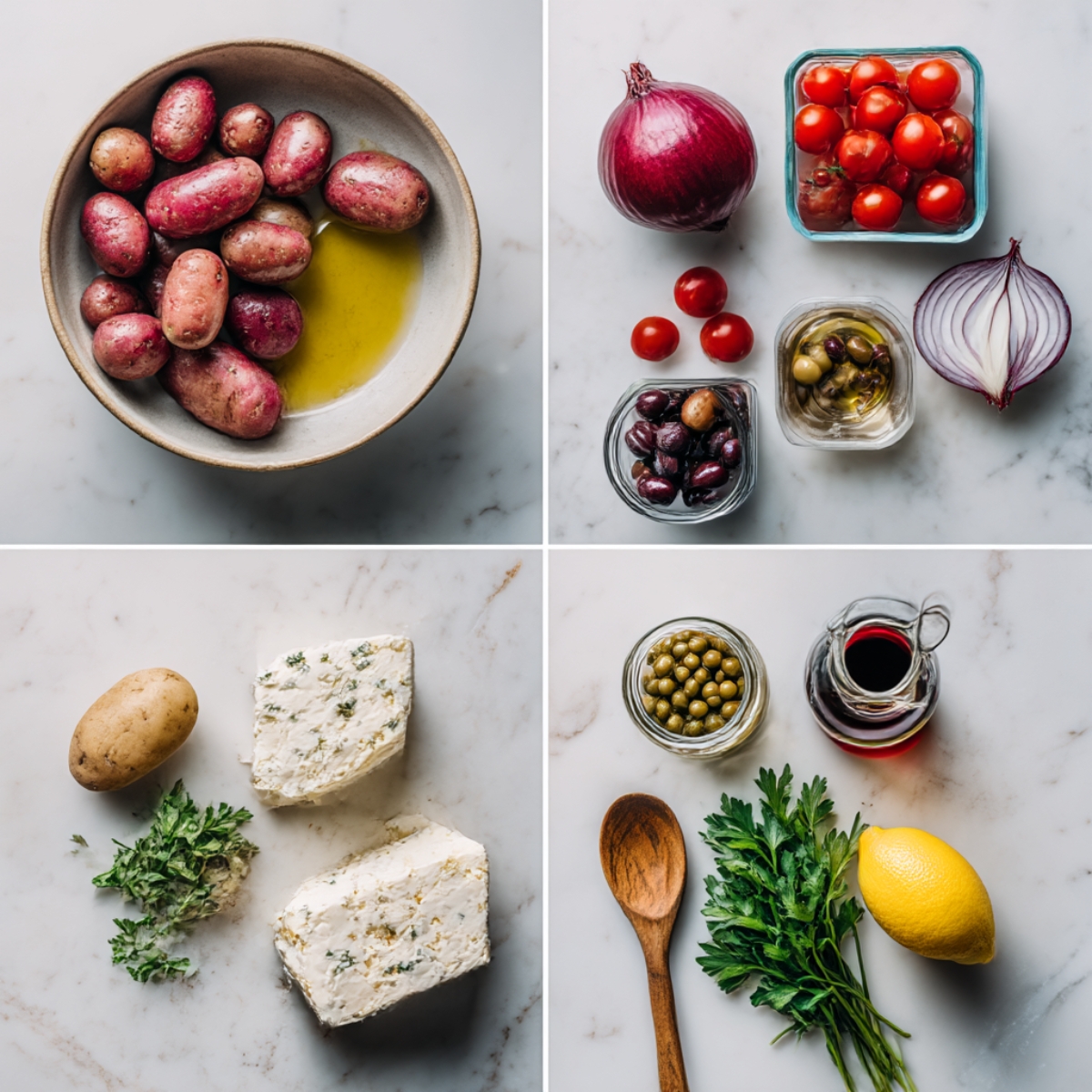 Ingredients for Mediterranean Potato Salad arranged in a 4-panel flat lay on a white marble kitchen counter.