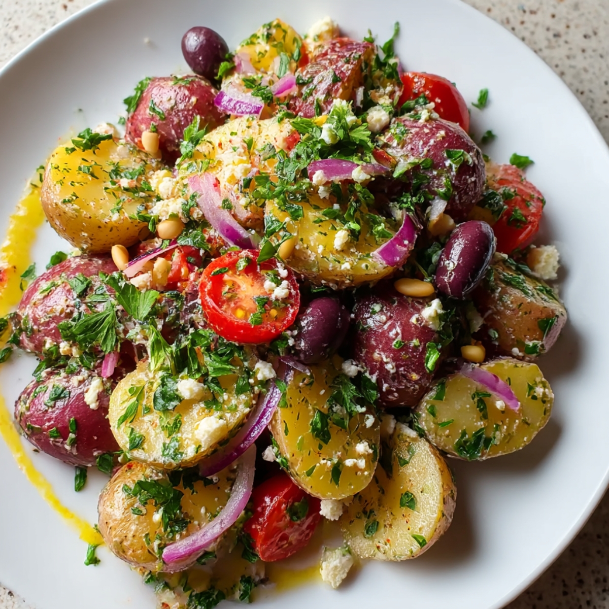 Mediterranean potato salad on white plate with halved red and yellow potatoes, cherry tomatoes, Kalamata olives, white beans, sliced red onion, crumbled feta cheese, and fresh parsley, dressed with olive oil vinaigrette on speckled surface