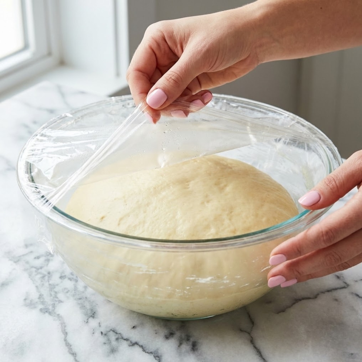 Close up of proofed bread dough in a glass bowl after rising, having doubled in size.