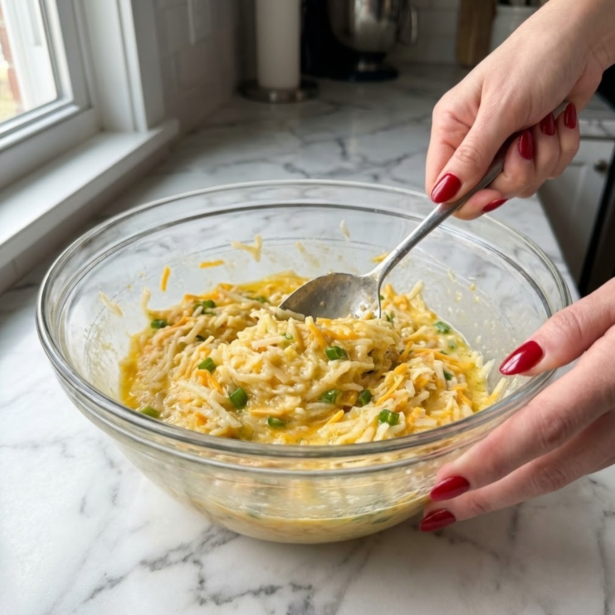 Close-up of a hand with red nails mixing hashbrowns, eggs, cheese, and green onions in a glass bowl.