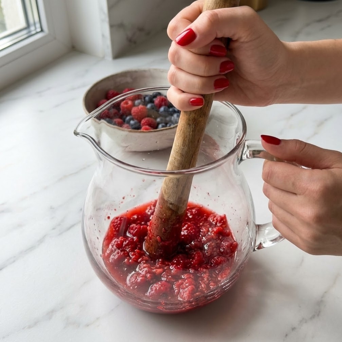 Close-up of hands with red nails using a wooden muddler to crush raspberries and lime in a glass pitcher on a white marble counter.