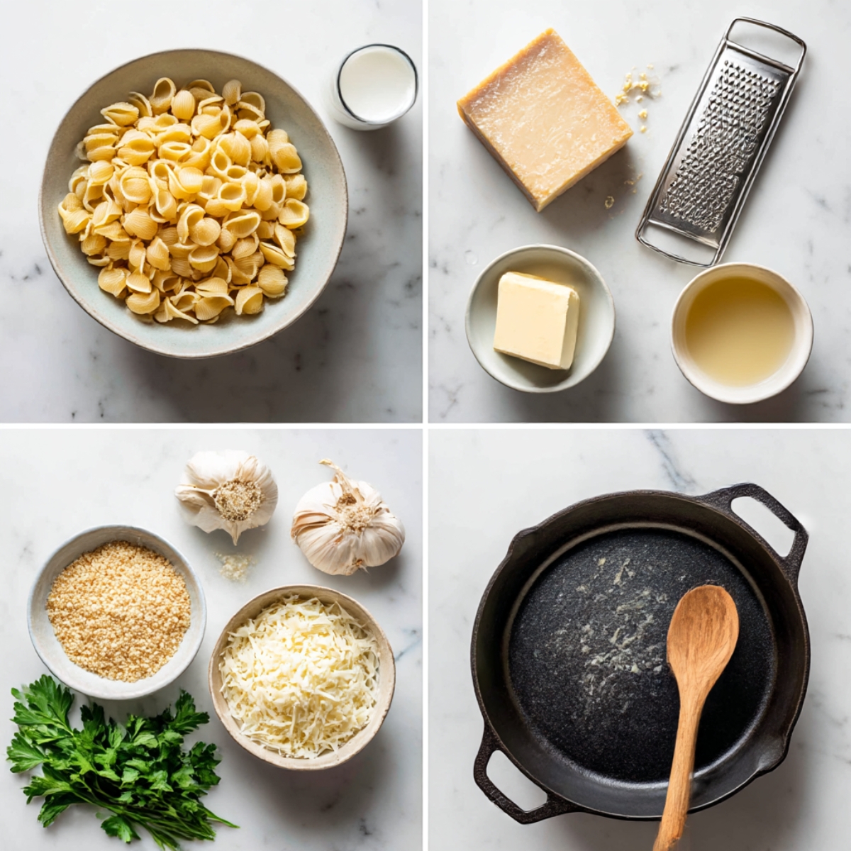 Ingredients for One-Pan Butter Parmesan Pasta arranged in a 4-panel flat lay on a white marble kitchen counter.