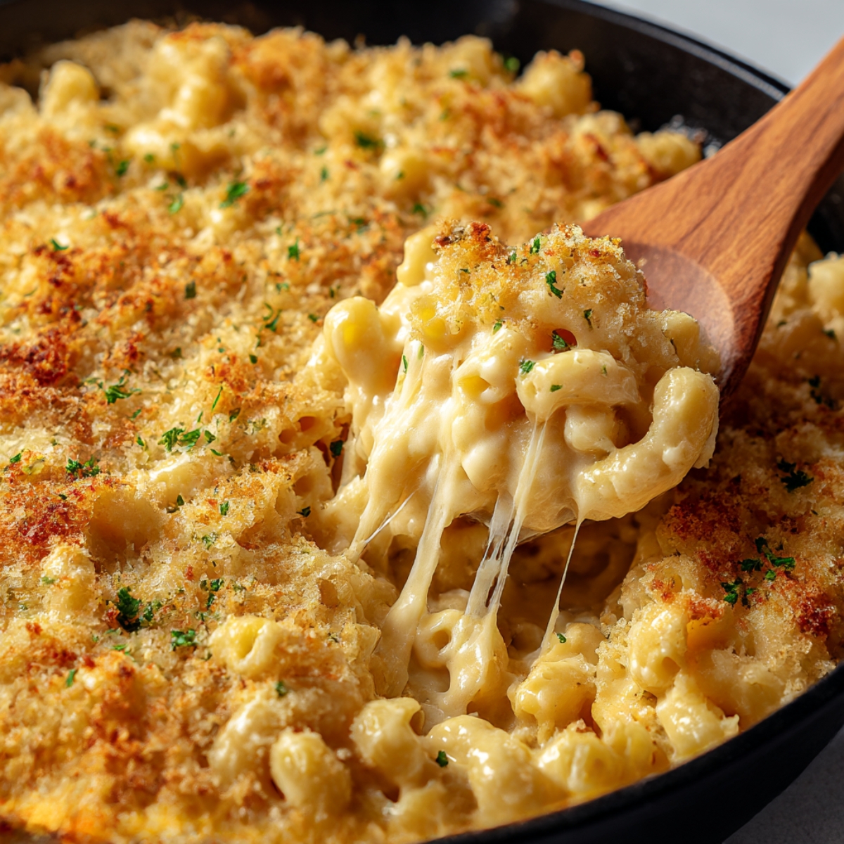 Creamy one-pan butter Parmesan pasta in black skillet with wooden spoon scooping macaroni showing melted cheese strings, topped with golden buttery breadcrumbs and fresh chopped parsley