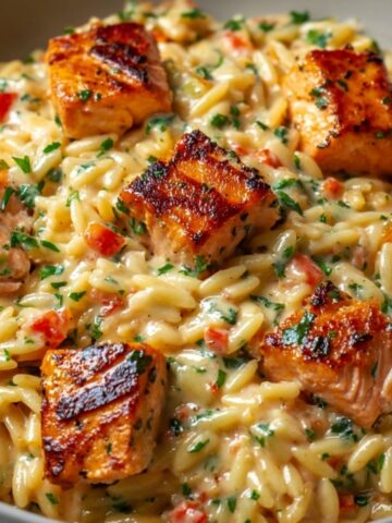 Close-up of Cajun chicken Alfredo orzo in a white bowl, featuring perfectly seared spice-crusted chicken pieces nestled in creamy orzo pasta studded with red bell peppers and fresh parsley