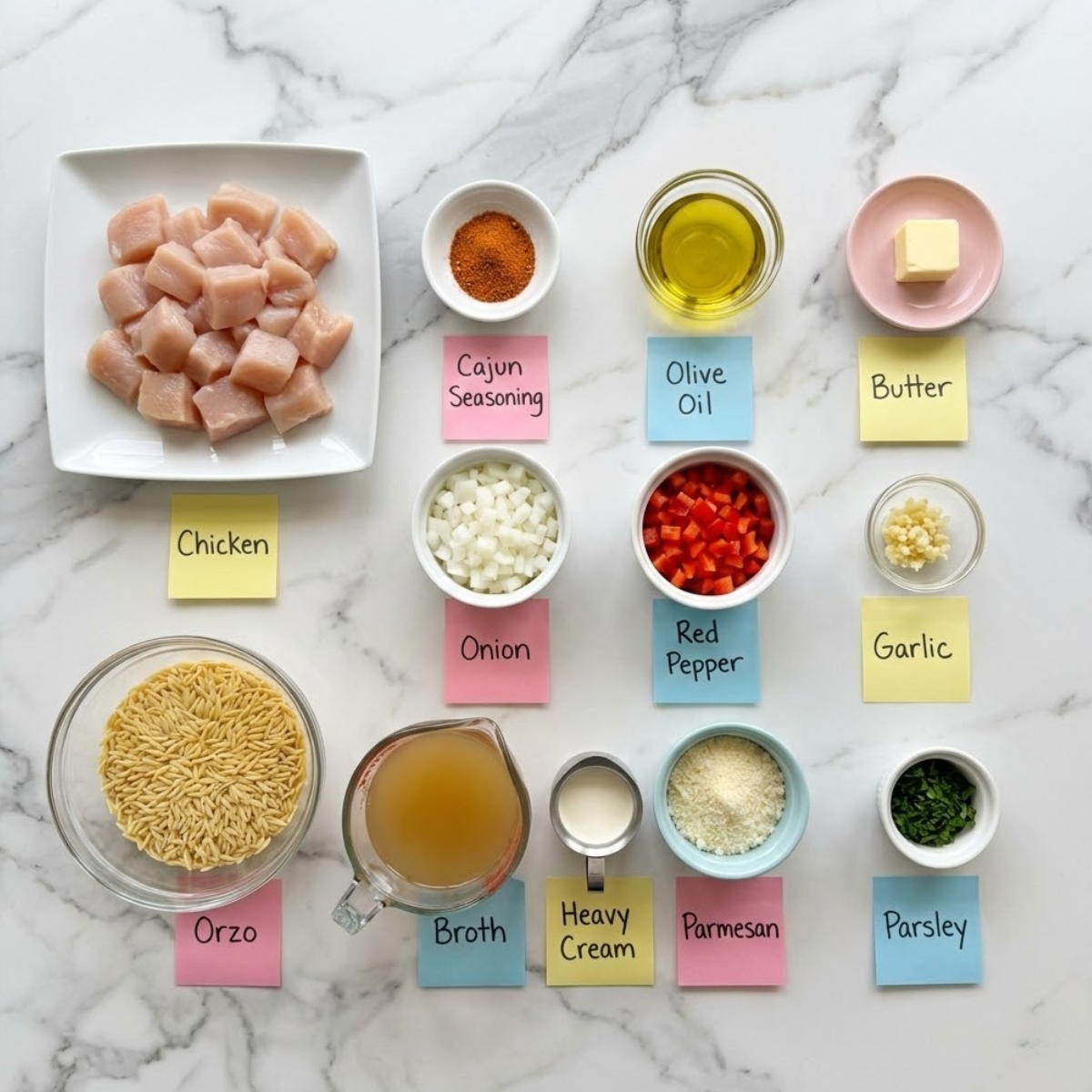 Overhead view of ingredients for Cajun chicken alfredo orzo including chicken, peppers, orzo, and spices organized in bowls on a marble counter.