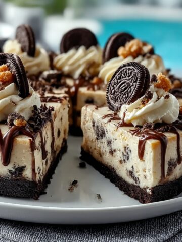 Oreo fudge brownie pizza slices on white plate with fudgy chocolate brownie crust, cookies and cream cheesecake layer studded with crushed Oreos, whipped cream rosettes, whole Oreo cookies standing upright, toffee pieces, dark chocolate ganache drizzle, turquoise background visible, gray textured surface