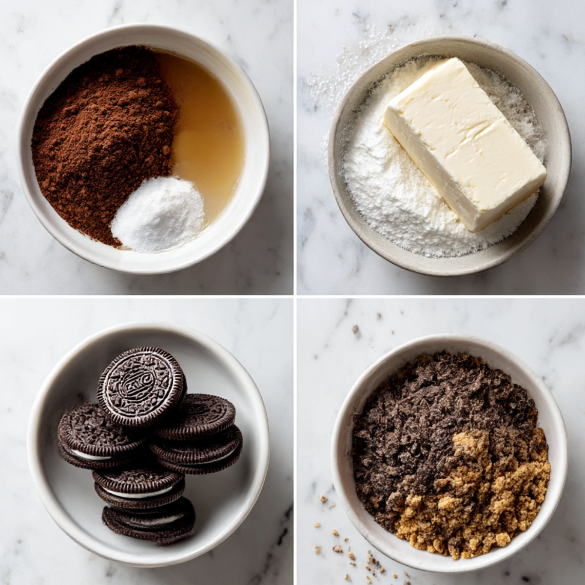 Ingredients for Oreo Fudge Brownie Pizza arranged in a 4-panel flat lay on a white marble kitchen counter.