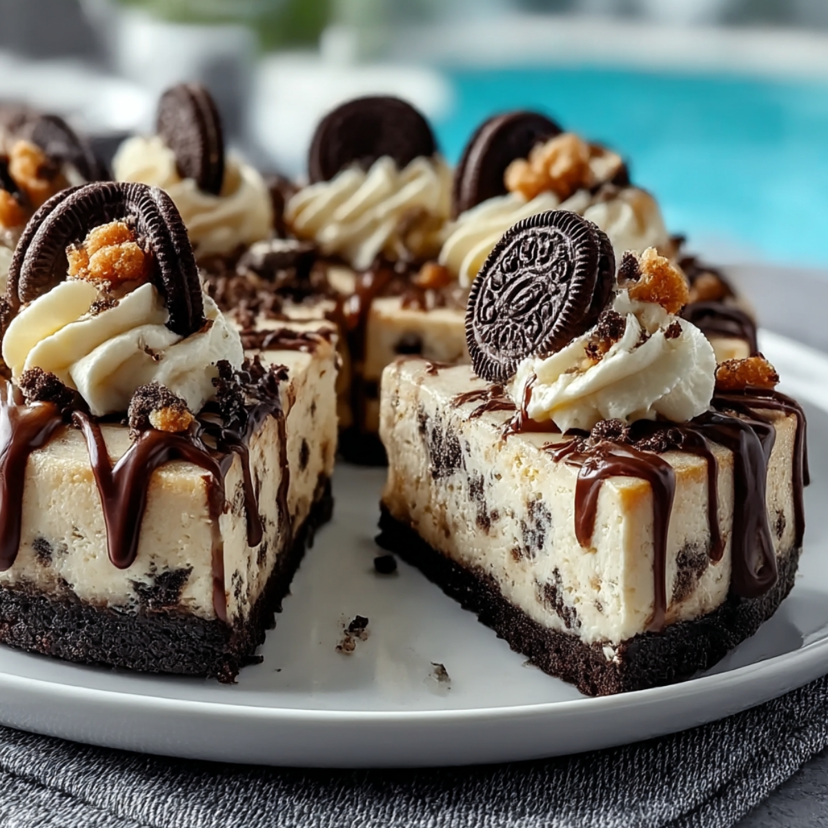 Oreo fudge brownie pizza slices on white plate with fudgy chocolate brownie crust, cookies and cream cheesecake layer studded with crushed Oreos, whipped cream rosettes, whole Oreo cookies standing upright, toffee pieces, dark chocolate ganache drizzle, turquoise background visible, gray textured surface