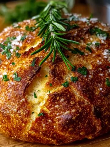 A golden-brown rustic sourdough loaf topped with coarse sea salt, minced fresh parsley, and a sprig of rosemary, resting on a wooden cutting board.