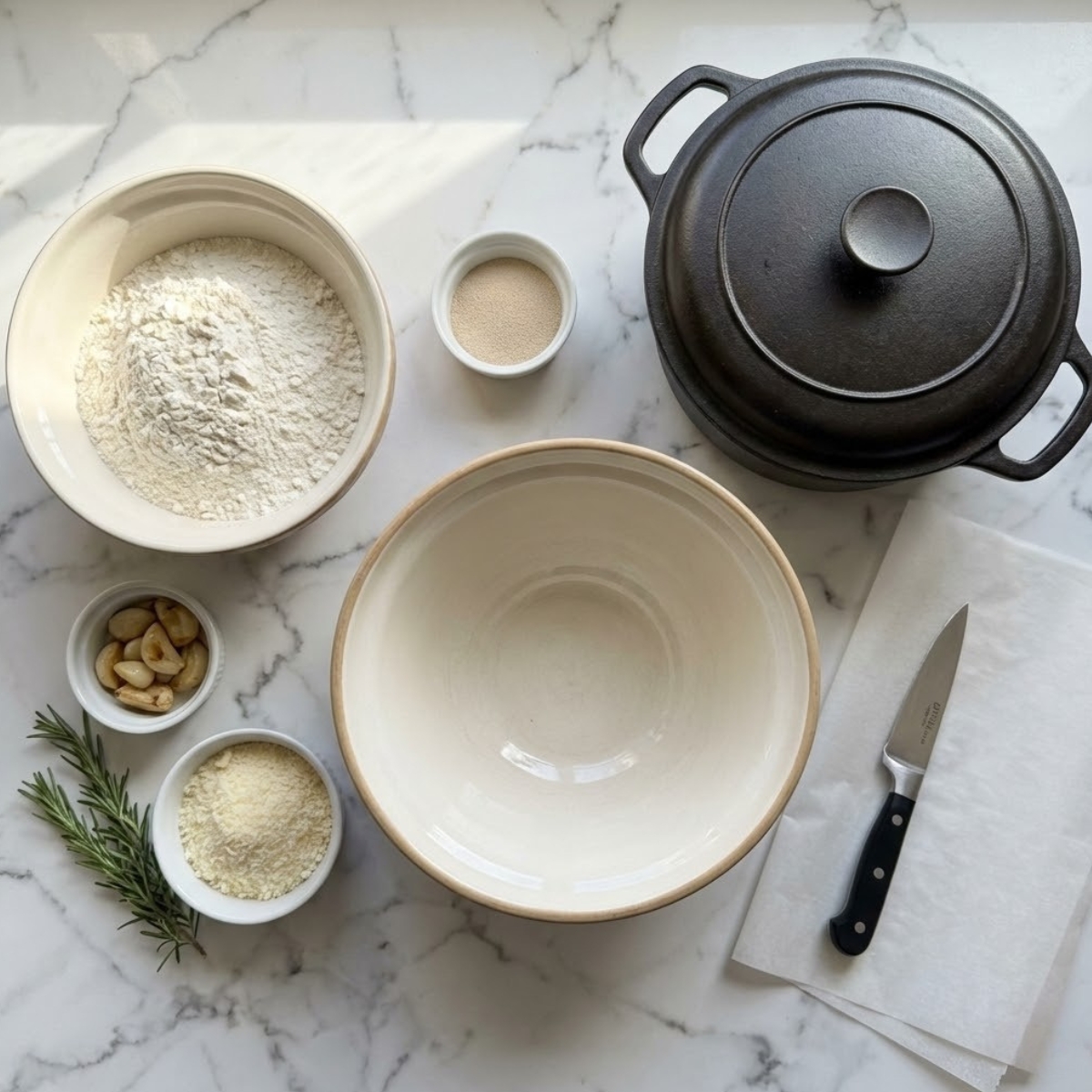 Overhead view of Parmesan garlic bread ingredients including bread flour, yeast, roasted garlic, Parmesan cheese, and fresh rosemary organized on a white marble counter without hands.