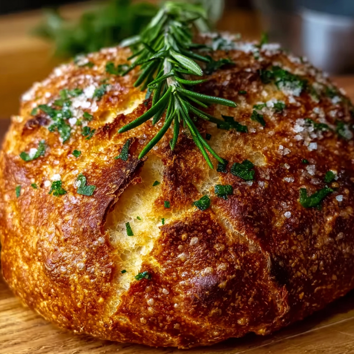 A golden-brown rustic sourdough loaf topped with coarse sea salt, minced fresh parsley, and a sprig of rosemary, resting on a wooden cutting board.