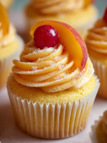 Peach Bellini cupcakes with fluffy yellow cake, swirled peach-champagne buttercream frosting dusted with sparkling sugar, topped with a fresh peach slice and maraschino cherry