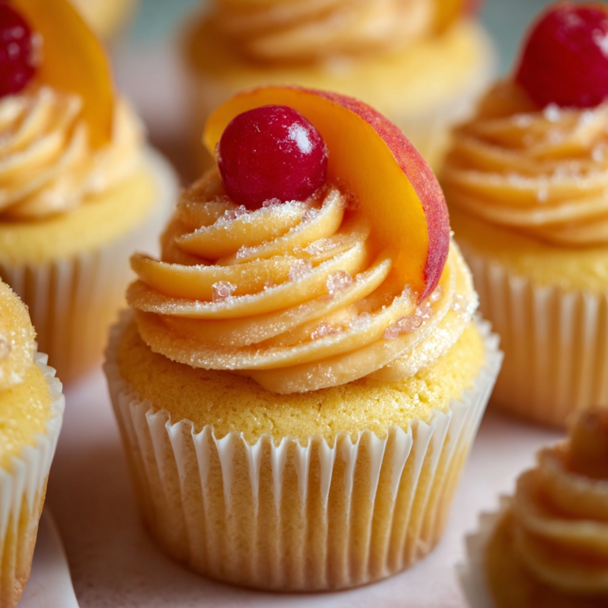 Peach Bellini cupcakes with fluffy yellow cake, swirled peach-champagne buttercream frosting dusted with sparkling sugar, topped with a fresh peach slice and maraschino cherry