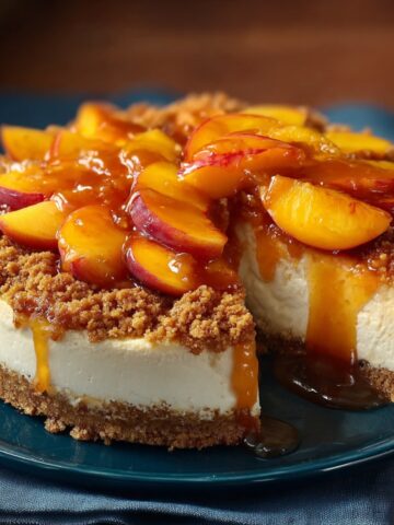 A peach cobbler cheesecake fusion on a teal plate, featuring a thick creamy cheesecake layer on a golden graham cracker crust, topped with caramelized fresh peach slices in glossy caramel sauce and brown sugar crumble, with one slice partially removed to reveal the interior, on a dark wooden surface.
