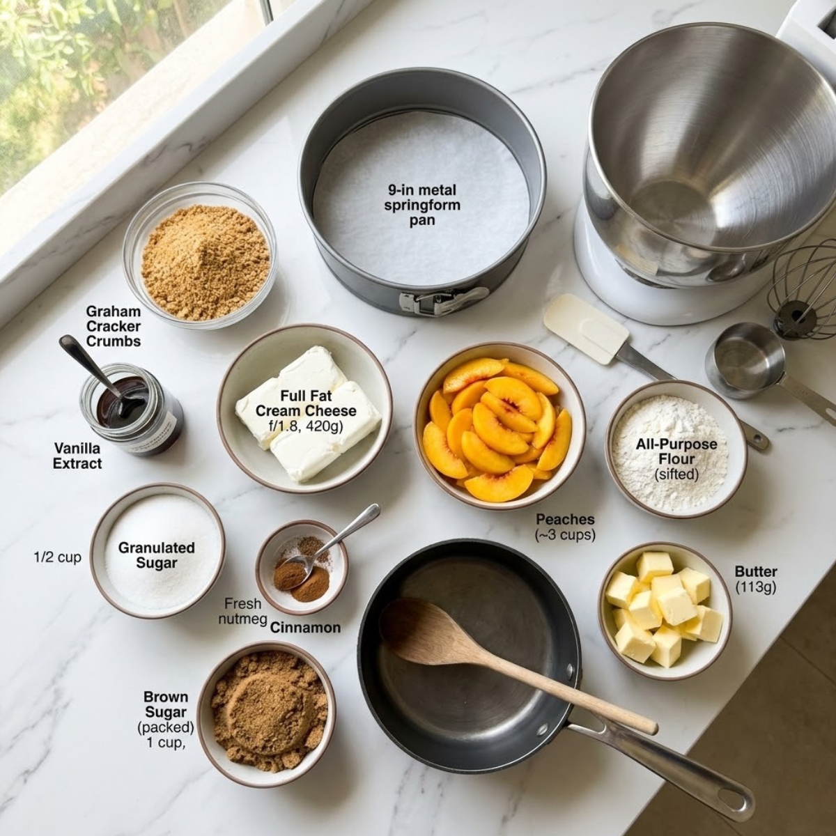 Overhead view of organized ingredients for Peach Cobbler Cheesecake on a modern white marble kitchen counter, featuring small bowls of graham crumbs, cream cheese, sliced peaches, and brown sugar.