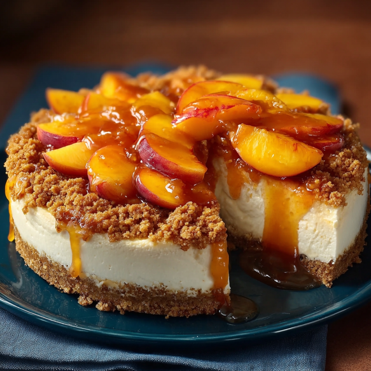 A peach cobbler cheesecake fusion on a teal plate, featuring a thick creamy cheesecake layer on a golden graham cracker crust, topped with caramelized fresh peach slices in glossy caramel sauce and brown sugar crumble, with one slice partially removed to reveal the interior, on a dark wooden surface.
