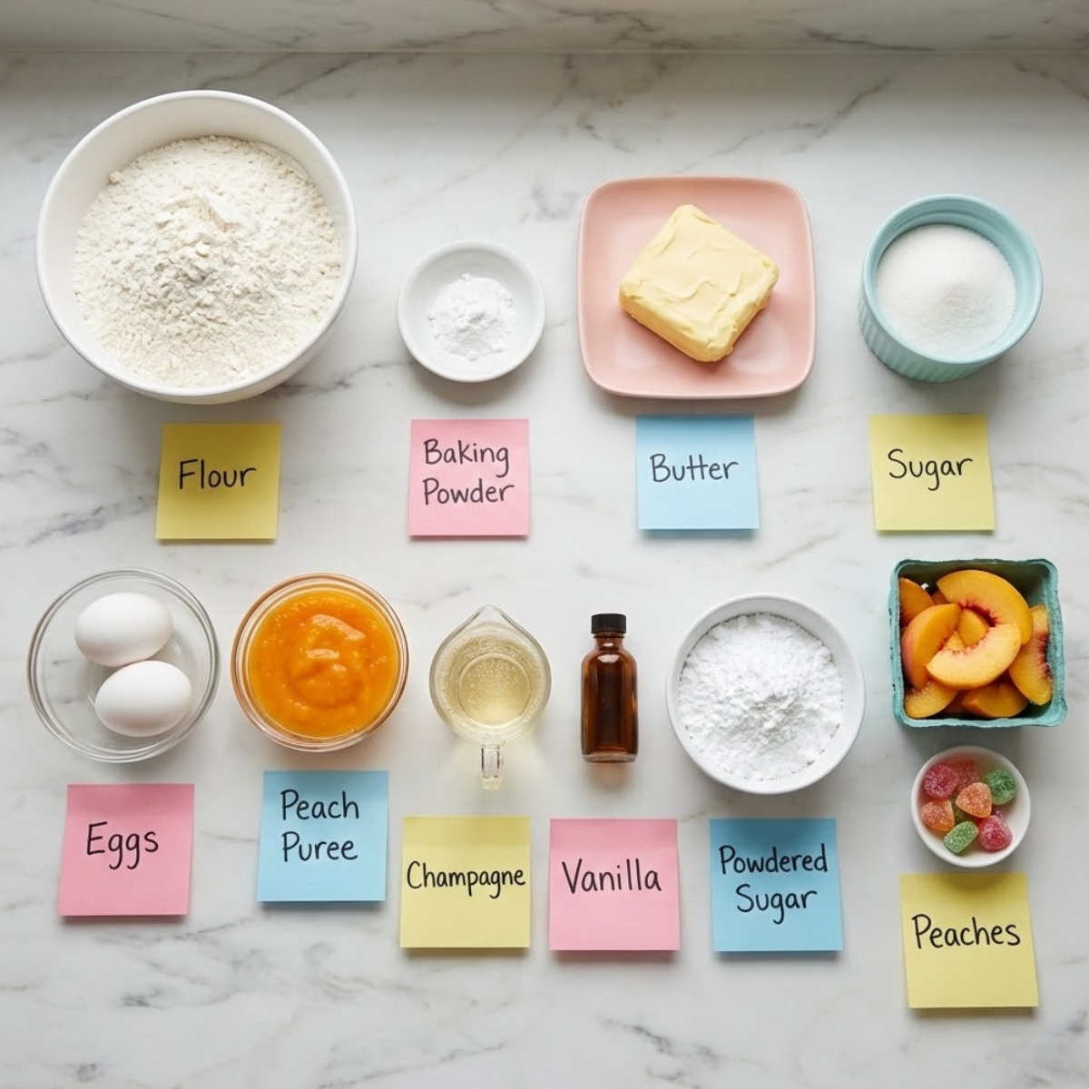 Overhead view of ingredients for peach bellini cupcakes including flour, peach puree, champagne, and eggs organized in bowls on a marble counter.