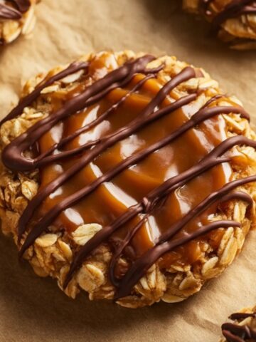 Close-up of peanut butter cookie topped with glossy caramel and diagonal dark chocolate drizzle, with crushed peanuts pressed into the edges, on parchment paper with additional cookies blurred in background