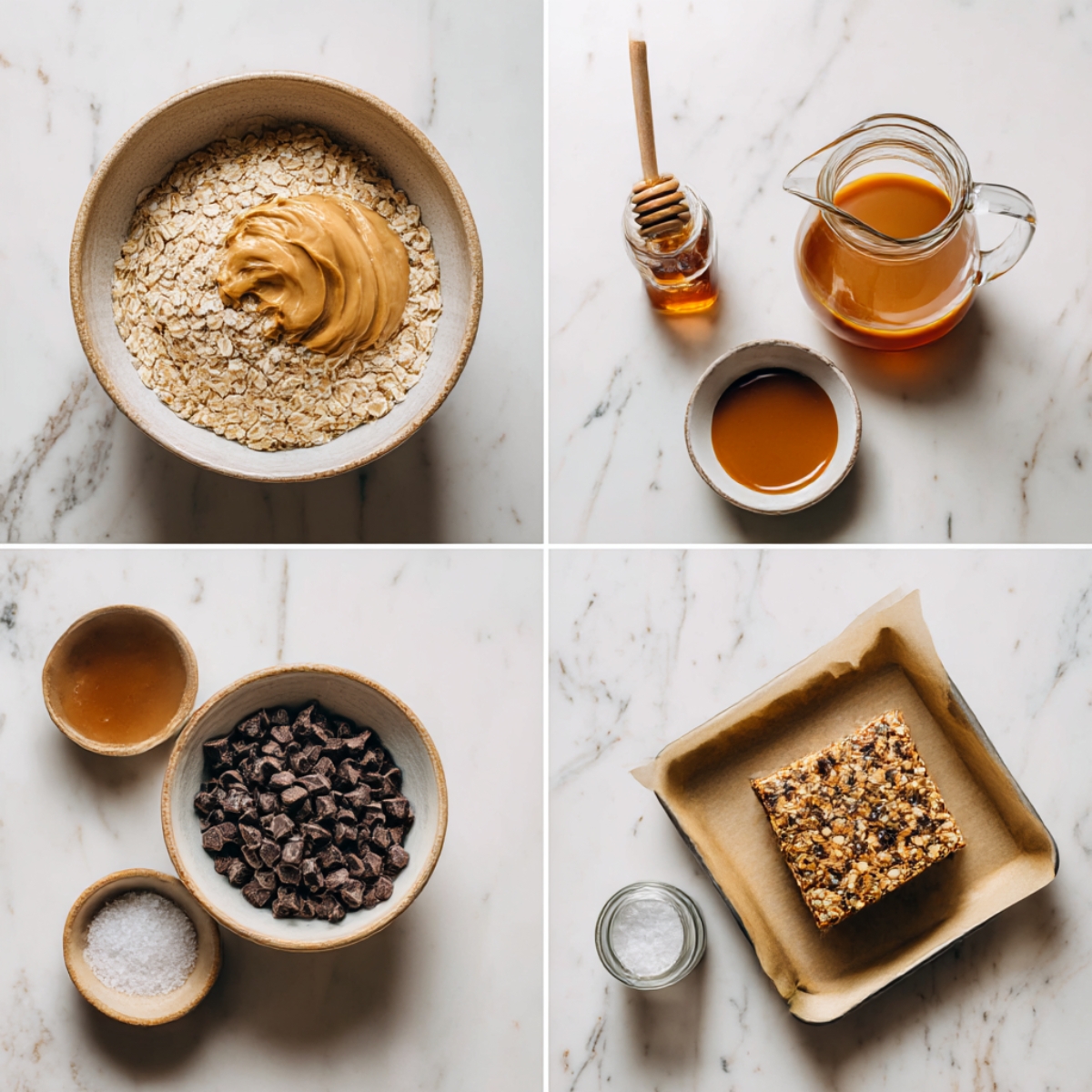 Ingredients for Peanut Butter Chocolate Caramel Cookies arranged in a 4-panel flat lay on a white marble kitchen counter.